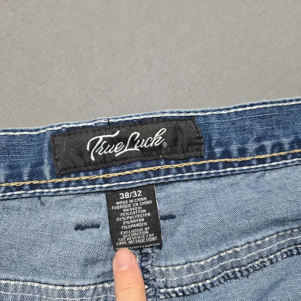 True Luck Jeans Men 38x32 Blue Medium Wash Thick Stitch Embroidered Straight Leg